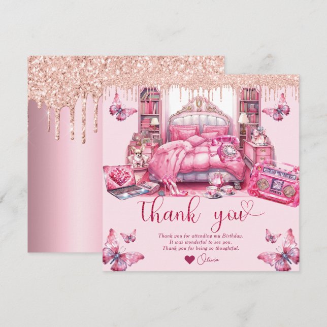 Sleepover Girl Birthday Glitter droppar Tack Kort (Fram/baksida)