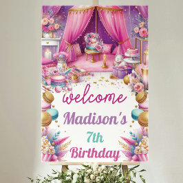 Sleepover Girl Birthday Välkomna Rosa Lila Guld Poster