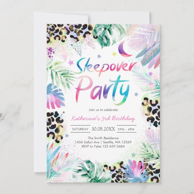 Sleepover Leopard Party Birthday Invitation Inbjudningar (Framsida)