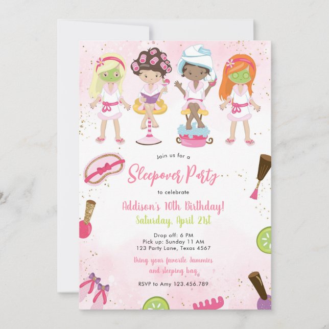 Sleepover Party Girl Spa Pink Birthday Invitation Inbjudningar (Framsida)