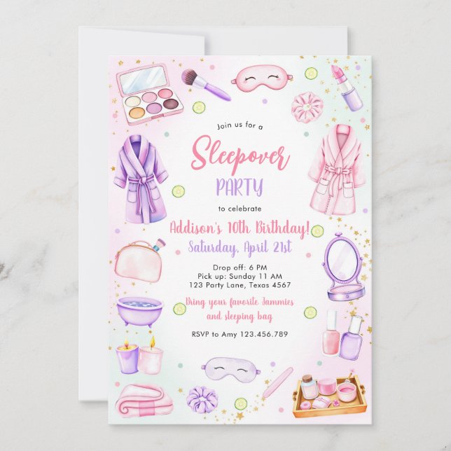 Sleepover Party Girl Spa Pink Birthday Invitation Inbjudningar (Framsida)