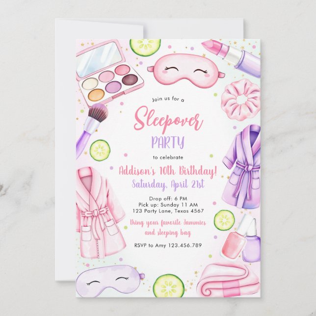 Sleepover Party Girl Spa Pink Birthday Invitation Inbjudningar (Framsida)