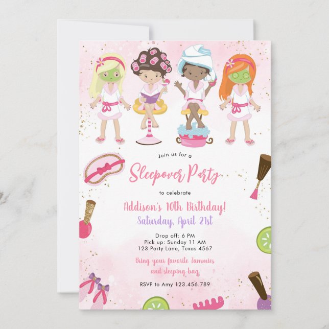 Sleepover Party Girl Spa Pink Birthday Invitation Inbjudningar (Framsida)
