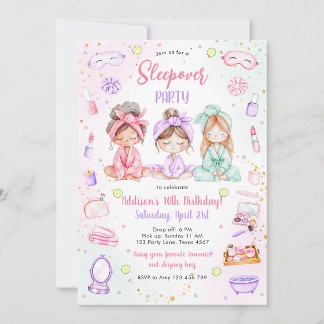 Sleepover Party Girl Spa Pink Birthday Invitation Inbjudningar (Framsida)