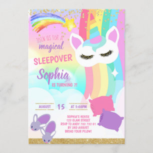 Sleepover Party Unicorn Rainbow Slumber Birgday Inbjudningar