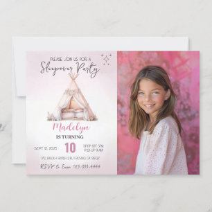 Sleepover Photo Boho Teepee Slumber Party Birthday Inbjudningar
