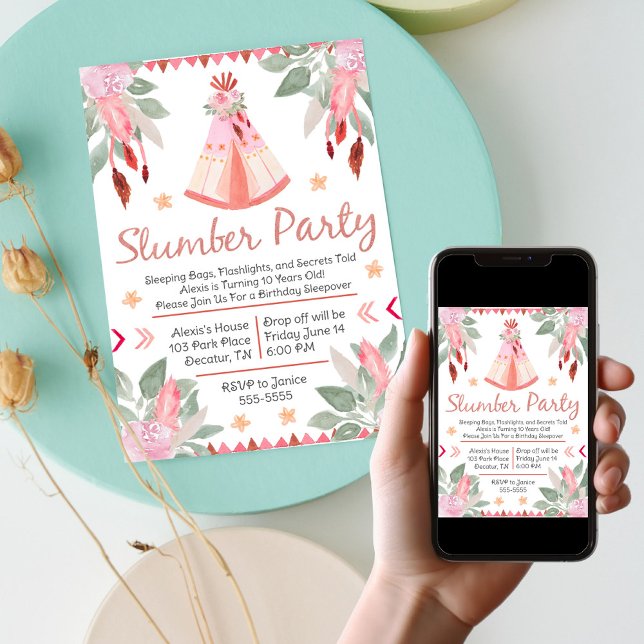 Sleepover Slumber Party Girl Rosa Teepday Birthday Inbjudningar (Sleepover Slumber Party Girl Pink Teepee Birthday Invitation)