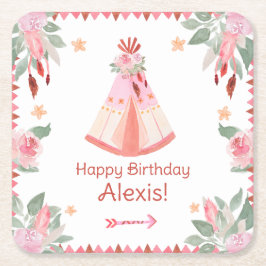 Sleepover Slumber Party Girl Rosa Teepday Birthday Underlägg Papper Kvadrat