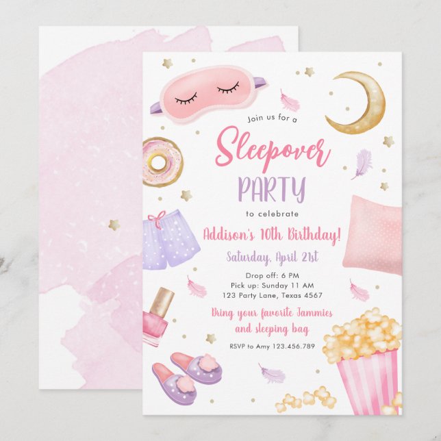 Sleepover Slumber Party Girl Spa Rosa Birthday Inv Inbjudningar (Fram/baksida)