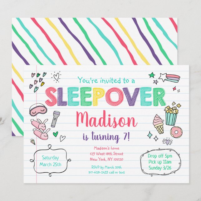 Sleepover Slumber Party Rainbow Girl Birthday Inbjudningar (Fram/baksida)