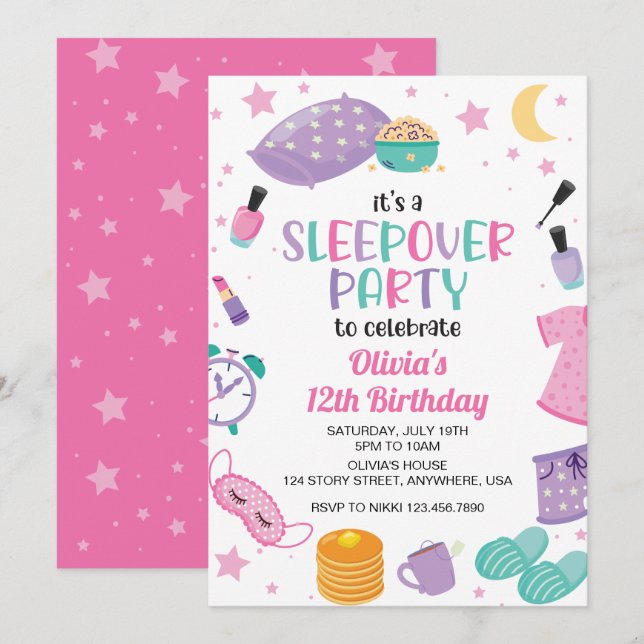 Sleepover slumrande lila för rosa i party, interpo inbjudningar (Fram/baksida)