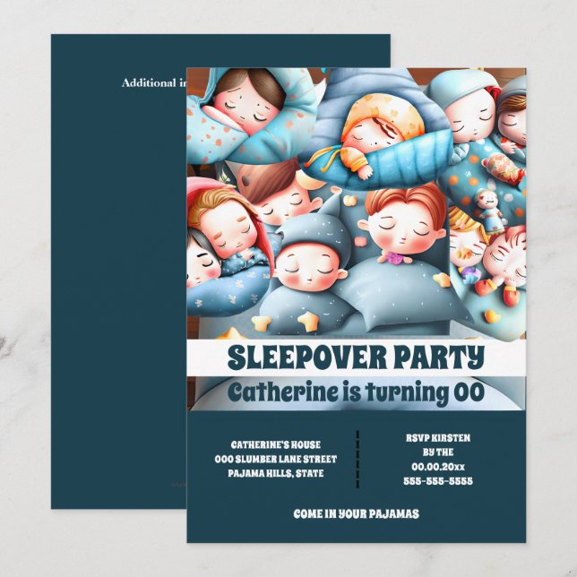 Sleepover sömnungar slumber pajama tecknad roligt inbjudningar (Fram/baksida)
