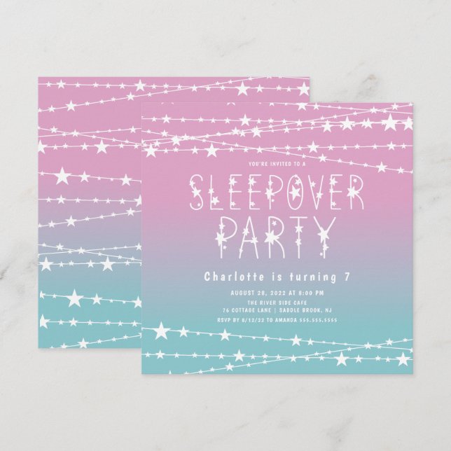 Sleepover Stars Födelsedagsfest inbjudan (Fram/baksida)