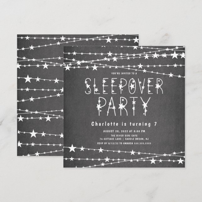 Sleepover Stars Födelsedagsfest inbjudan (Fram/baksida)