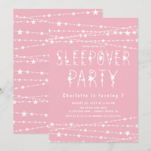Sleepover Stars Födelsedagsfest Inbjudningar (Fram/baksida)