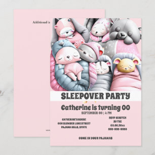 Sleepover tecknad djur som sover rosa grått-slumme inbjudningar