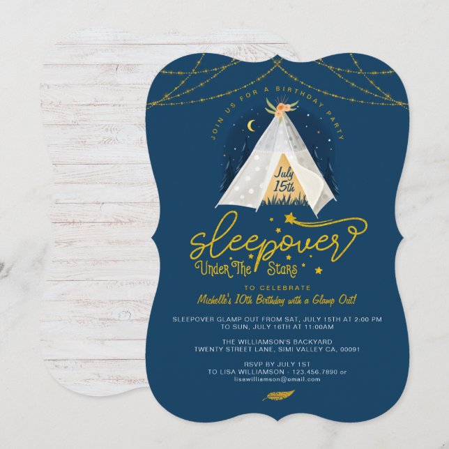 Sleepover under Stars Tepee Navy Guld Birthday Inbjudningar (Fram/baksida)
