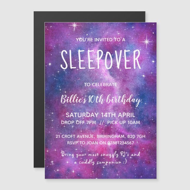 Sleepover Watercolor Galaxy and Stars Magnetisk Inbjudningskort (Fram/baksida)