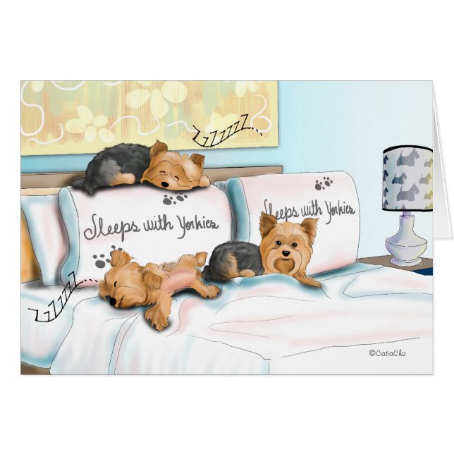 Sleeps with Yorkies Hälsningskort (Framsidan Horizontal)