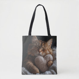 SLEEPT BROWN TABBY KATT MED HJÄRTFORMADE PILLOW TYGKASSE