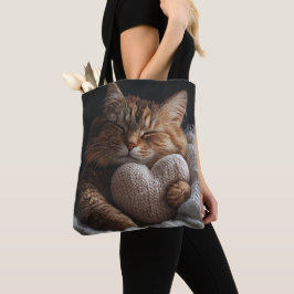SLEEPT BROWN TABBY KATT MED HJÄRTFORMADE PILLOW TYGKASSE