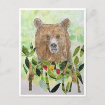 Sleepy bear in the leaves- watercolor Postcard