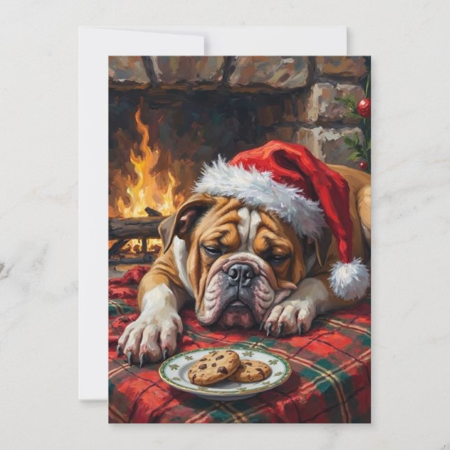 Sleepy Bulldog Dog Fast Asleep Santa Hat Christmas Julkort (Framsida)