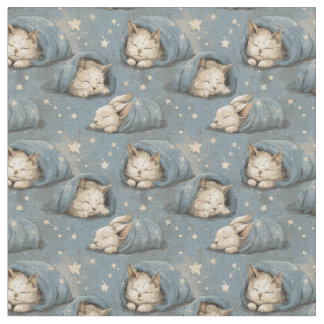 Sleepy Cats Under Starry Sky Cozy Blue Pattern Tyg
