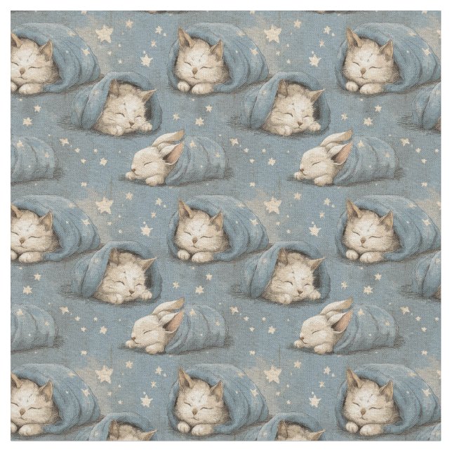 Sleepy Cats Under Starry Sky Cozy Blue Pattern Tyg (Närbild)