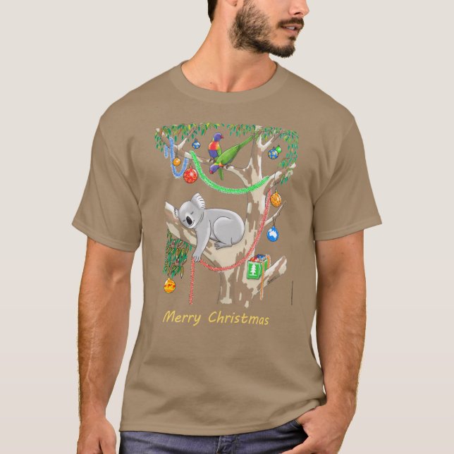 Sleepy Christmas Koala and Lorikeets T Shirt (Framsida)