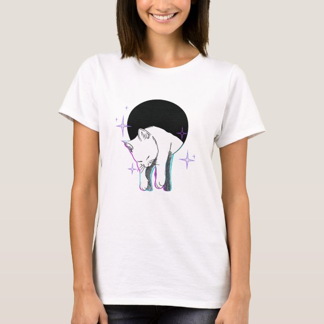 Sleepy Cosmic Cat Illustration – Dreamy Space Aest T Shirt (Framsida)