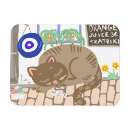 Sleepy Greek Taverna Cat Mediterranean Scene Magnet