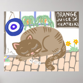 Sleepy Greek Taverna Cat Mediterranean Scene Poster