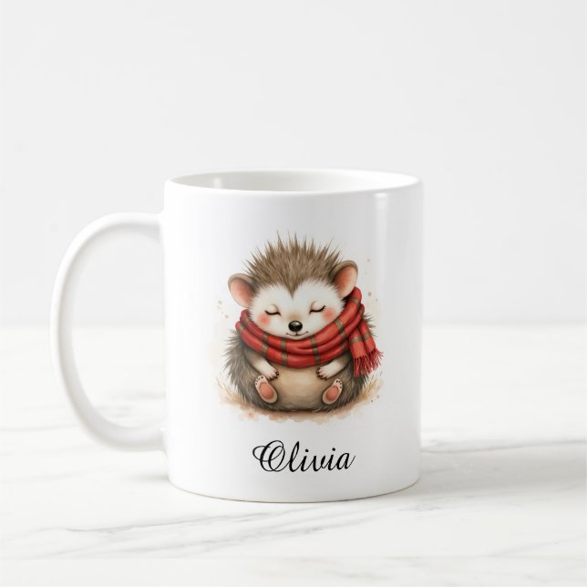 Sleepy Hedgehog in Cozy Scarf Custom Name Mug Kaffemugg (Vänster)