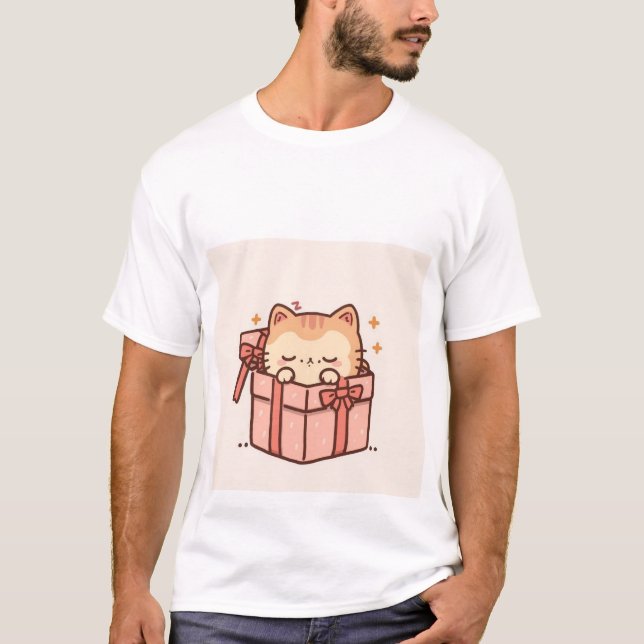 Sleepy Kawaii Ginger Cat in Pink Gift Box ✨💤 T Shirt (Framsida)