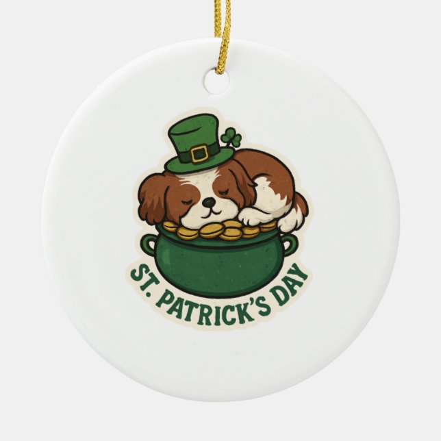 Sleepy Shih Tzu in Pot of Gold St.Patrick's Day Julgransprydnad Keramik (Framsidan)