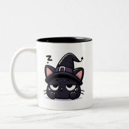 Sleepy Witch Cat Head | Halloween Mug Two-Sided Co Två-Tonad Mugg