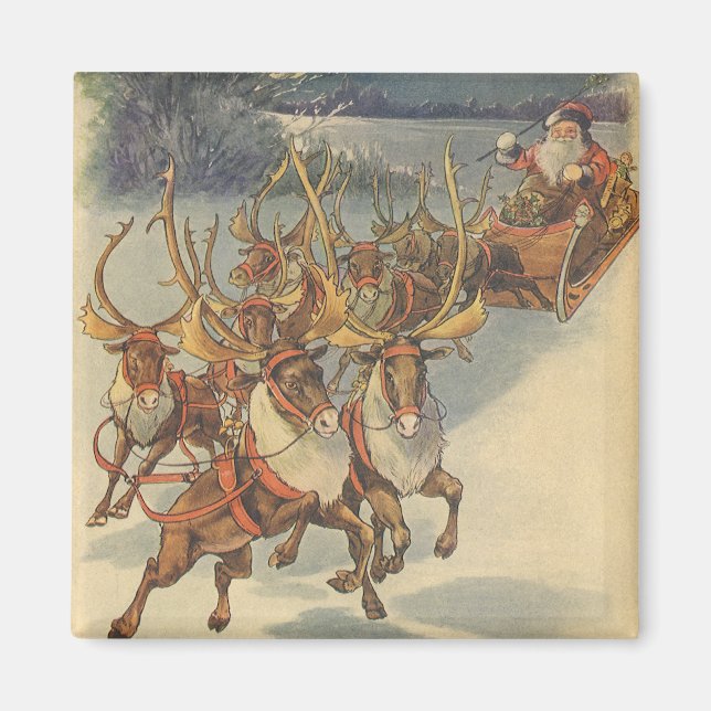 Sleigh för vintagejuljultomten med renen magnet (Framsidan)