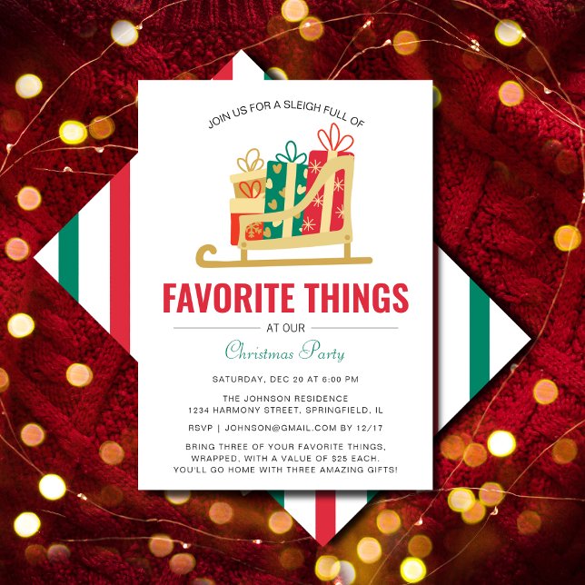 Sleigh Gift Box Favorite Sak jul Party Inbjudningar (Sleigh Gift Box Favorite Things Christmas Party Invitation )