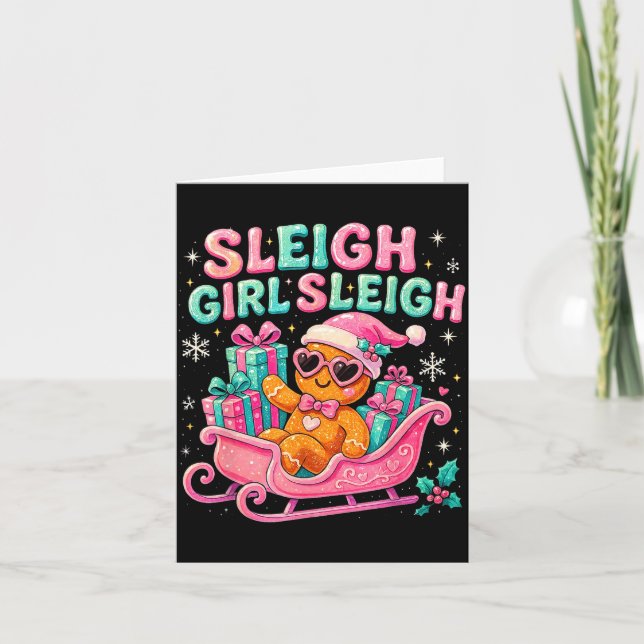 Sleigh Girl Cute Gingerbread Christmas Art  Kort (Framsida)