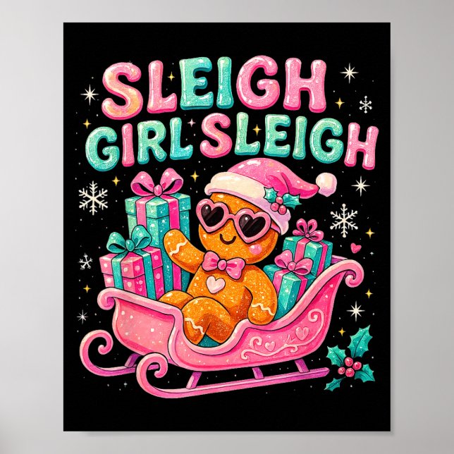 Sleigh Girl Cute Gingerbread Christmas Art  Poster (Framsidan)