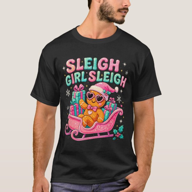 Sleigh Girl Cute Gingerbread Christmas Art  T Shirt (Framsida)
