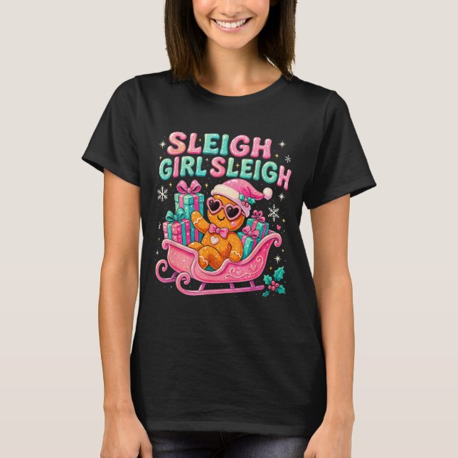 Sleigh Girl Cute Gingerbread Christmas Art  T Shirt (Framsida)