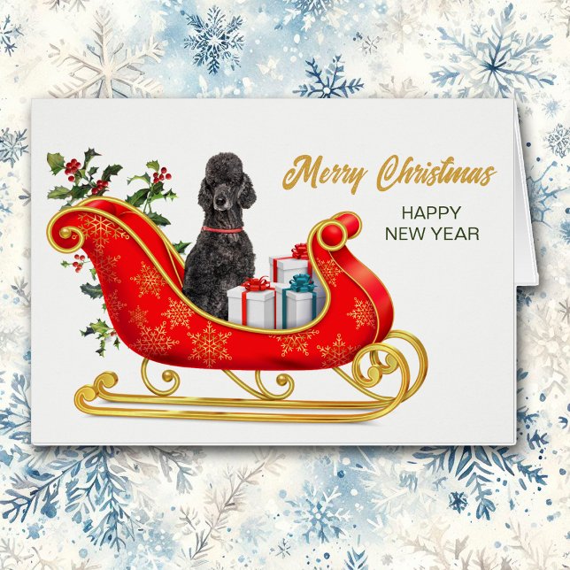 Sleigh Helgdag Card Black Pudel Hund Hälsningskort (Skapare uppladdad)