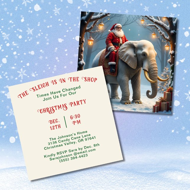 Sleigh i Shop Santa på Elephant jul Party Inbjudningar (Sleigh in Shop Santa on Elephant Christmas Party Invitation)