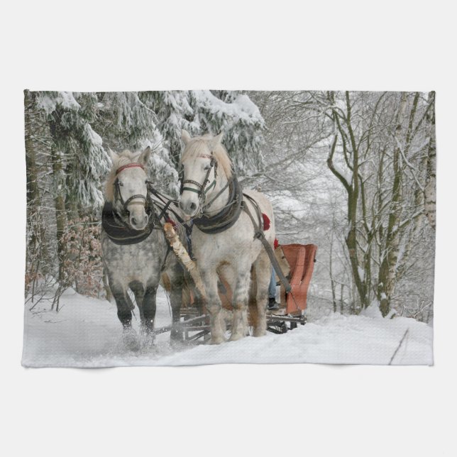 sleigh+rid,snö,skog,häst,vinter,vit,gallop, kökshandduk (Horisontell)