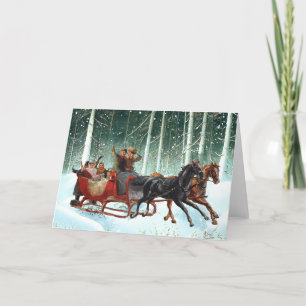 Sleigh Ride Vintage jul Horse Snowy Forest Helgkort