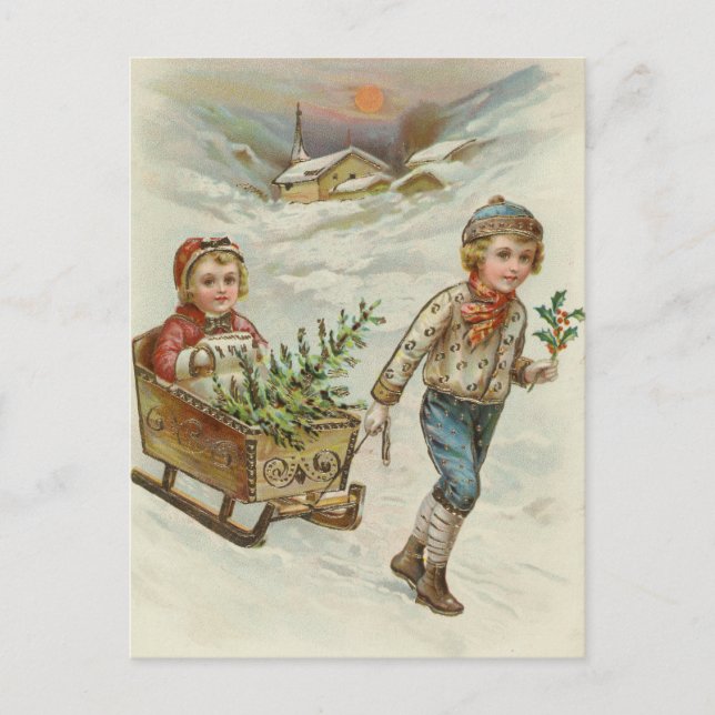 Sleigh Ride | Vintage jul Vykort (Framsida)