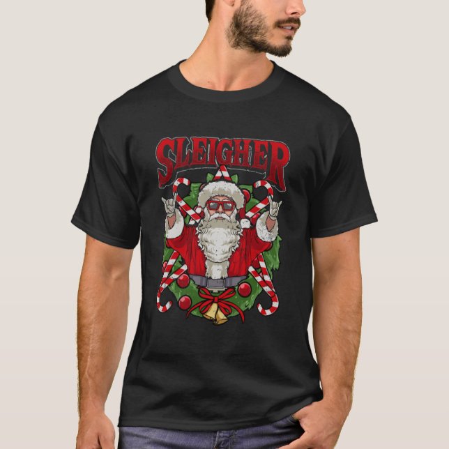 Sleigher Jultomten Rocker Heavy Metall jul T Shirt (Framsida)