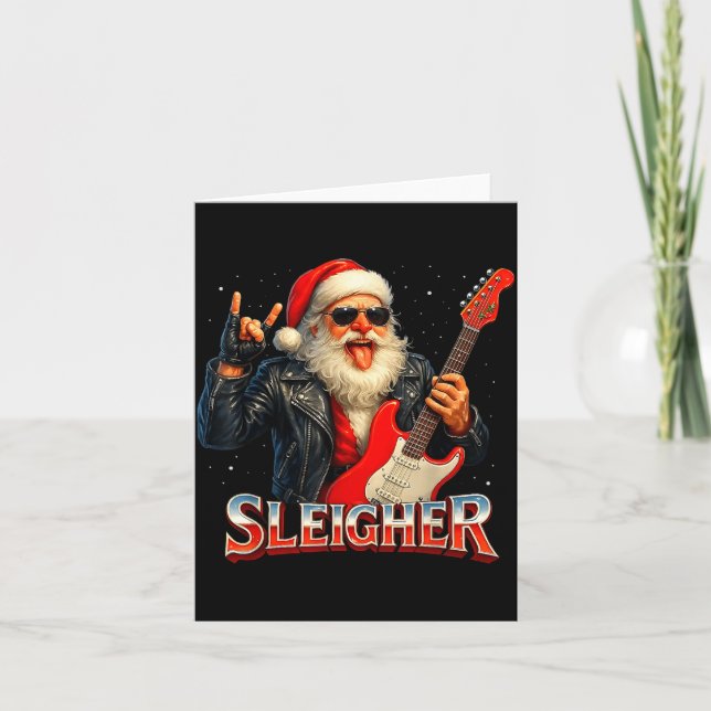 Sleigher Rock Santa Funny Metal Christmas Design  Kort (Framsida)